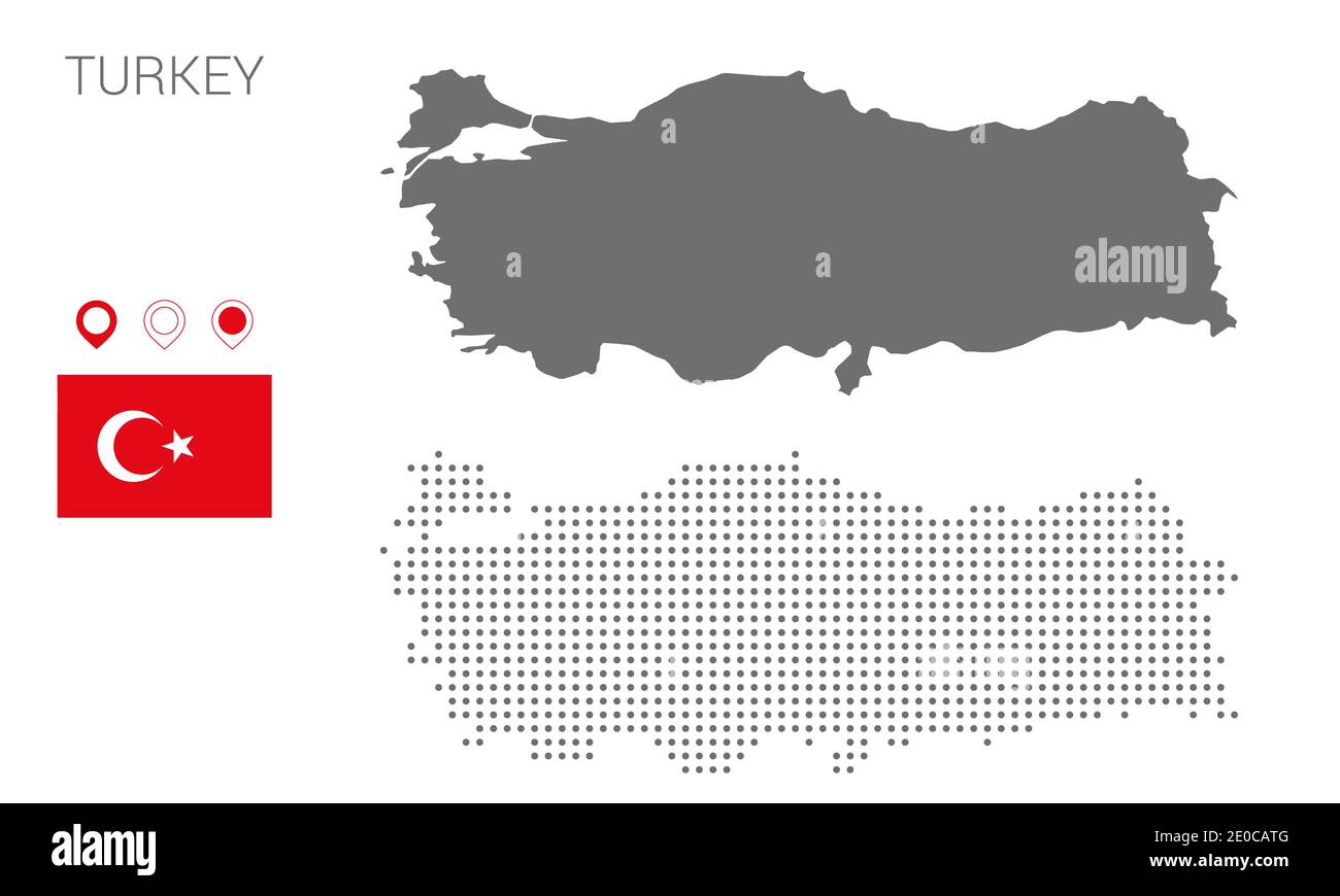 Mappa della silhouette della Turchia, mappa della Turchia punteggiata, bandiera della Turchia, piatto dell'illustrazione vettoriale Illustrazione Vettoriale