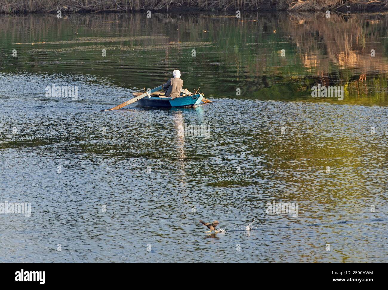 Tradizionale beduino egiziano pescatore in barca a remi sul fiume Nilo Pesca da riva Foto Stock