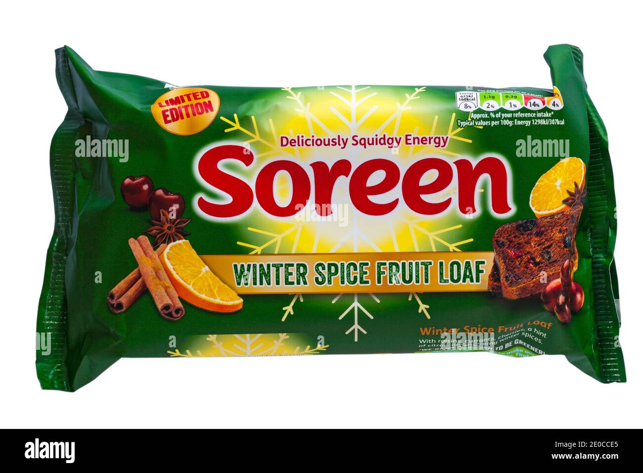Soreen Winter Spice Fruit Loaf edizione limitata deliziosamente squidgy energia isolato su sfondo bianco Foto Stock