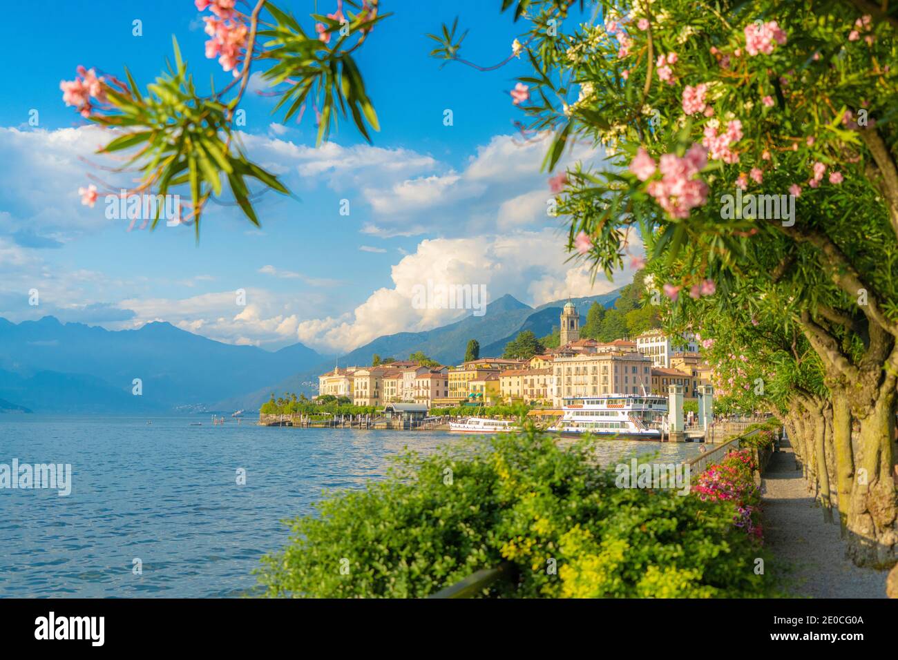 Bellagio e le montagne viste dal lungolago pieno di piante fiorite, Lago di Como, provincia di Como, Lombardia, Laghi Italiani, Italia, Europa Foto Stock