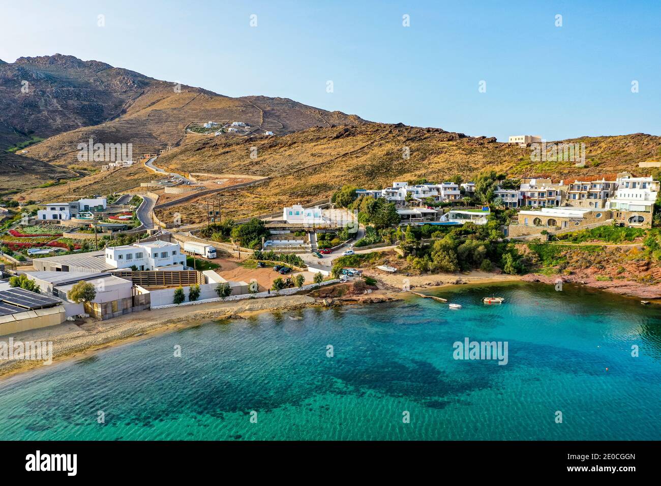 Aereo della spiaggia di Panormos, Mykonos, Cicladi, Grecia, Europa Foto Stock