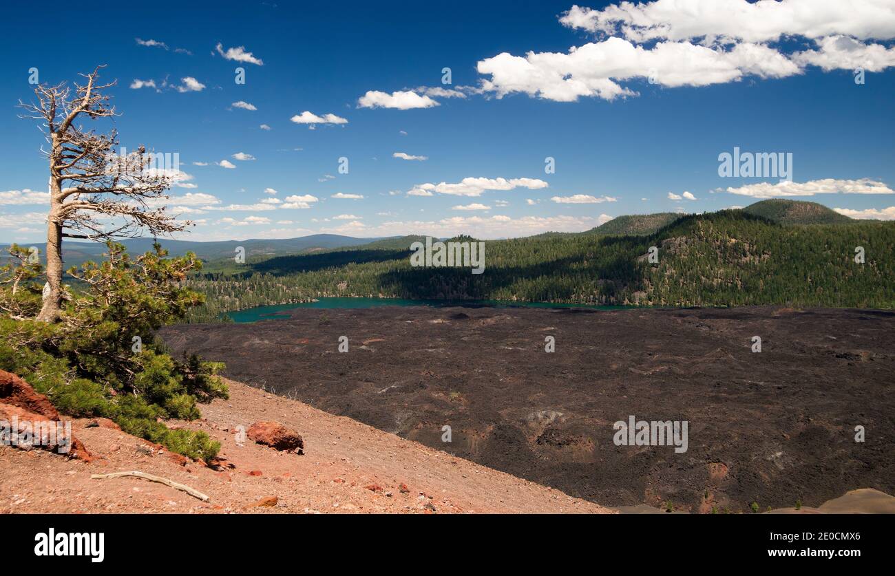 Letti di lava e (Lago di Butte) nel parco vulcanico di Lassen. Lago blu turchese, cielo blu e schiavo scuro durante l'estate. Foto Stock