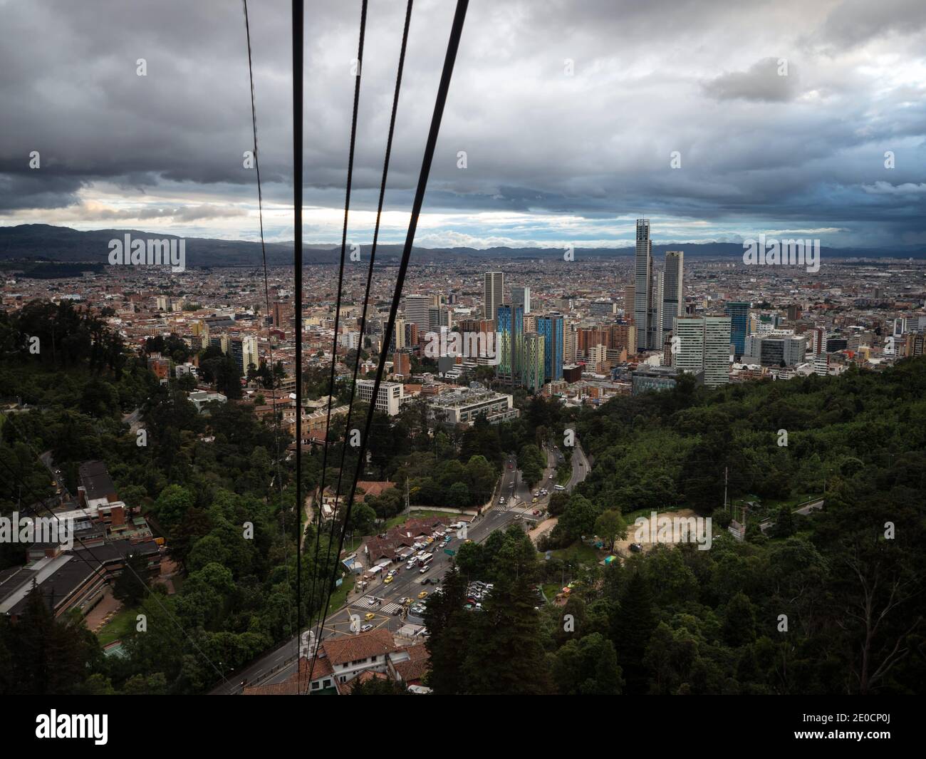 Vista panoramica dei grattacieli del quartiere finanziario di Bogotà Funicolare Monserrate teleferico Cundinamarca Capital District Foto Stock