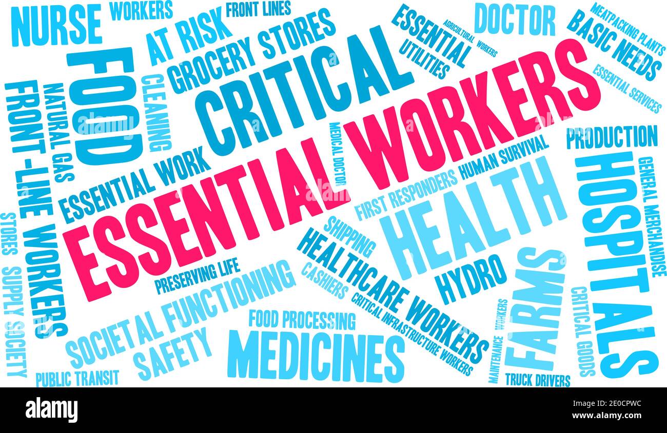 I lavoratori essenziali sono cloud su sfondo bianco. Illustrazione Vettoriale