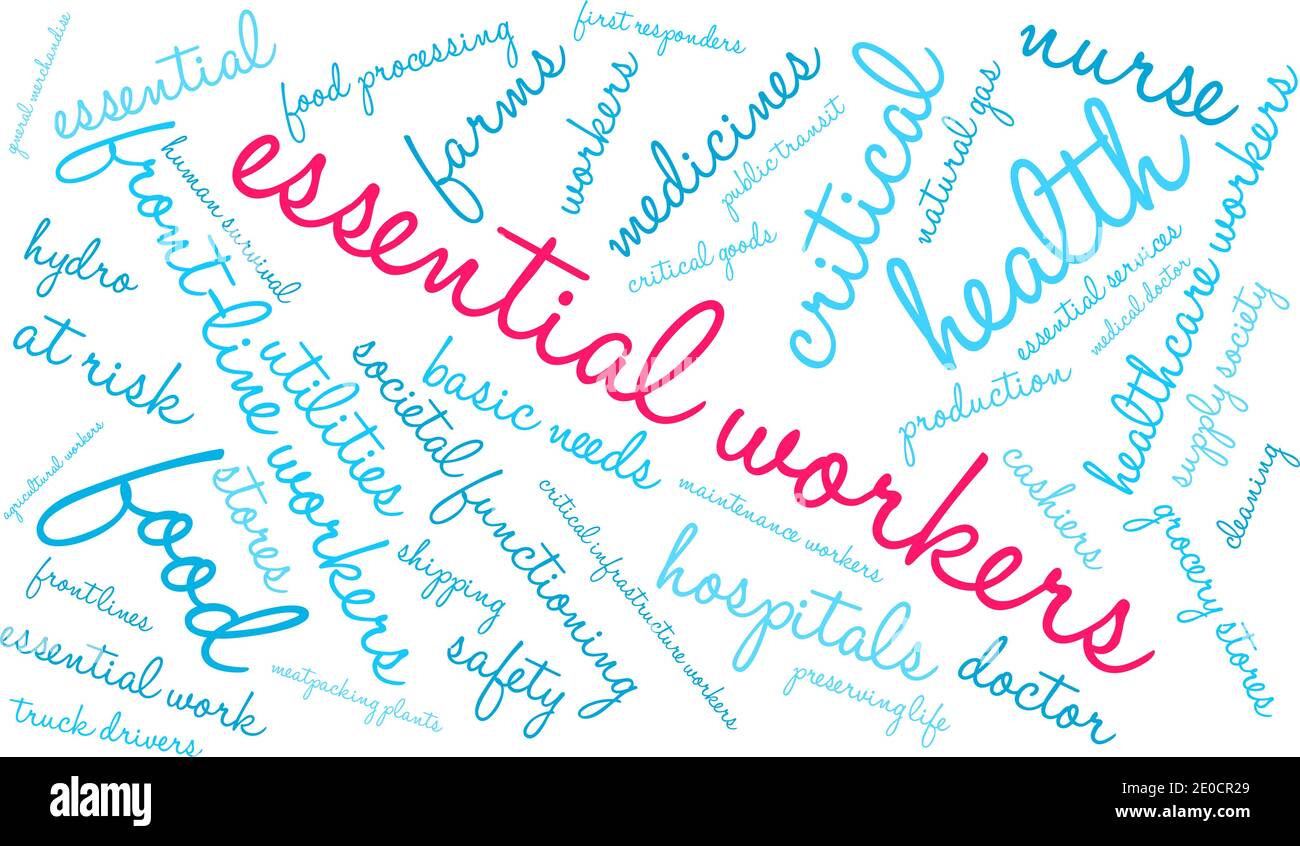 I lavoratori essenziali sono cloud su sfondo bianco. Illustrazione Vettoriale