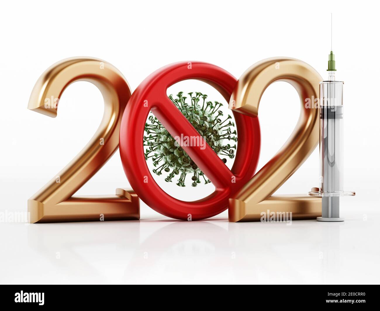 2021 testo con virus all'interno del segno rosso vietato e siringa. Illustrazione 3D. Foto Stock