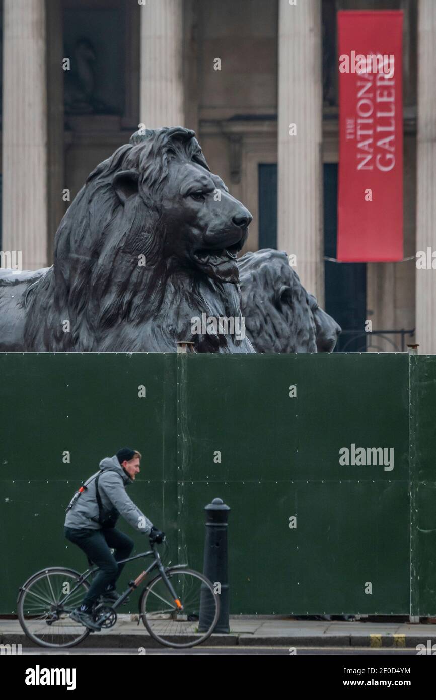 Londra, Regno Unito. 31 dicembre 2020. Le aree chiave, tra cui la colonna di Nelson, sono recintate per impedire loro di diventare un'attrazione o di subire danni in caso di celebrazioni illegali - preparativi per la fine del periodo di transizione della Brexit a Westminster. Credit: Guy Bell/Alamy Live News Foto Stock