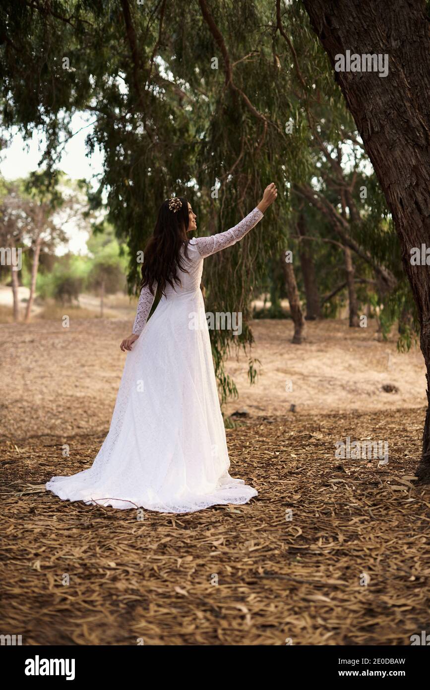 Vista completa sul retro di un'elegante bruna lunga abito da sposa bianco che raggiunge la mano al ramo dell'albero mentre si è in piedi su prato in verde foresta Foto Stock