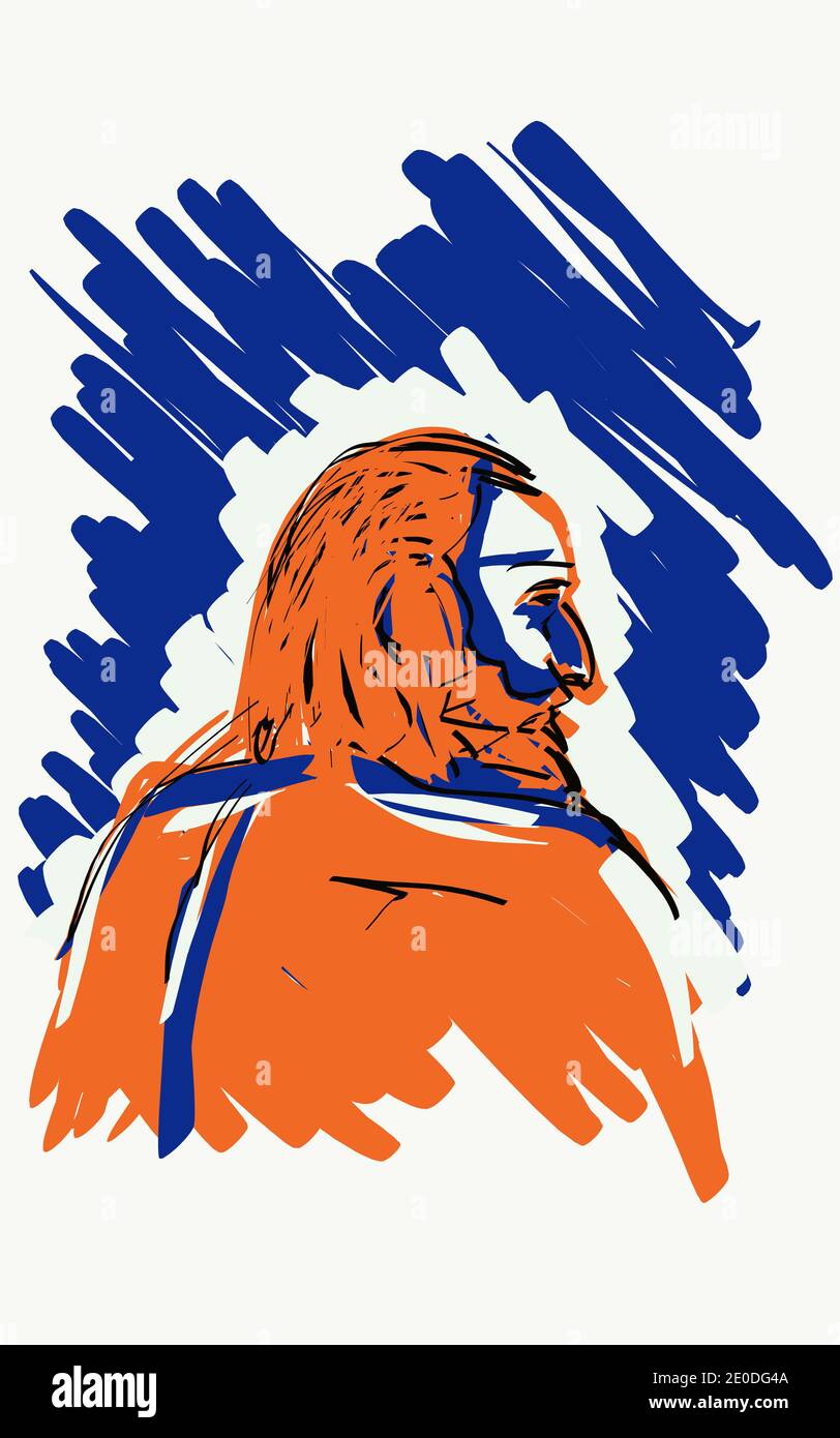 Illustrazione vettoriale del maschio di mezza età con i capelli rossi e. barba su sfondo blu Foto Stock