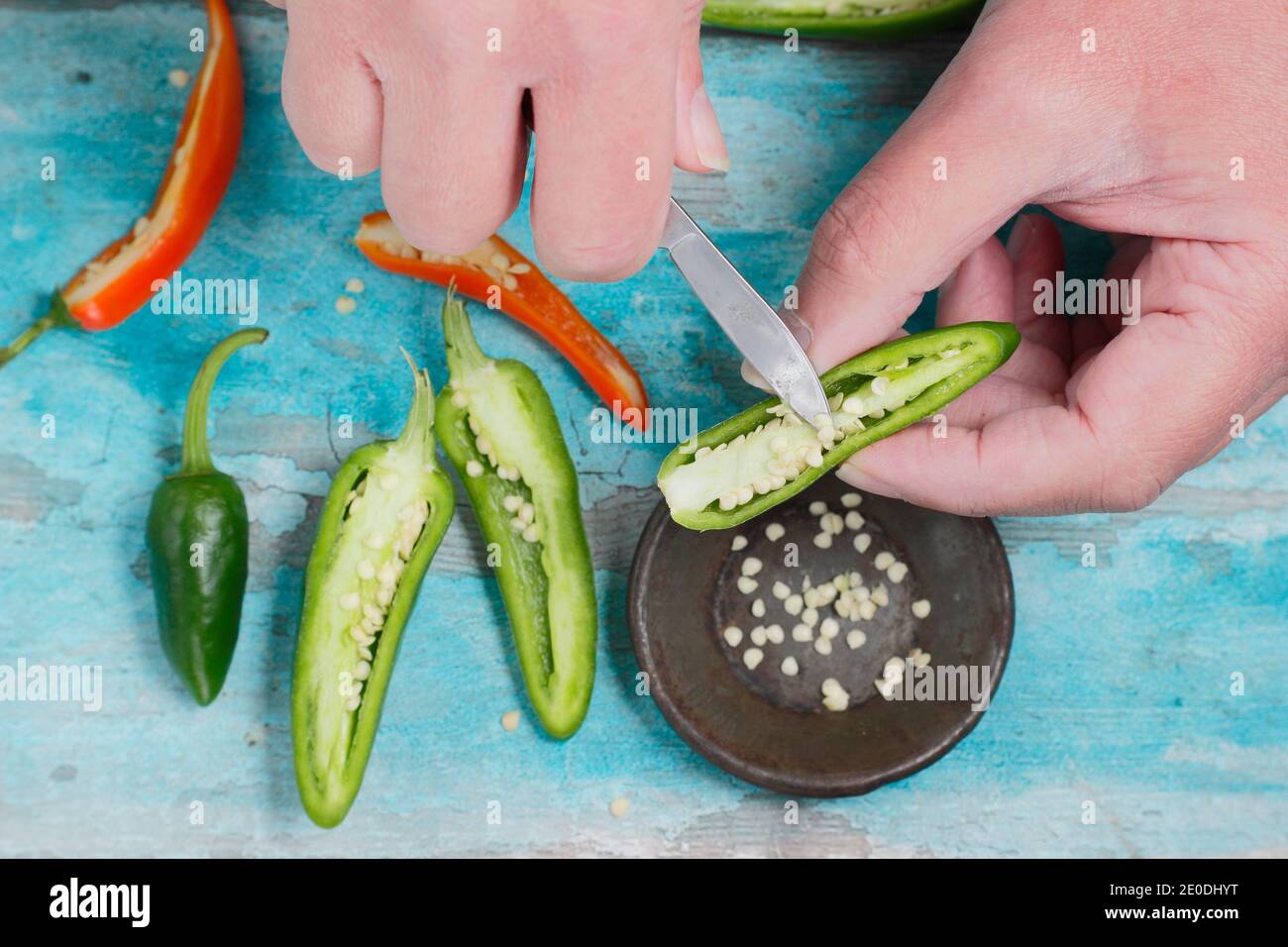 Risparmio di semi di peperoncino. Raschiando i semi dai peperoni di jalapeno freschi per immagazzinare per la semina futura. REGNO UNITO Foto Stock