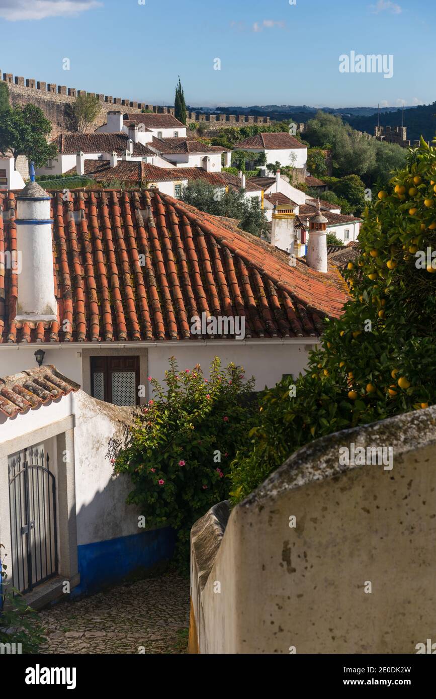 Obidos case tradizionali e strade in Portogallo su un soleggiato giorno Foto Stock