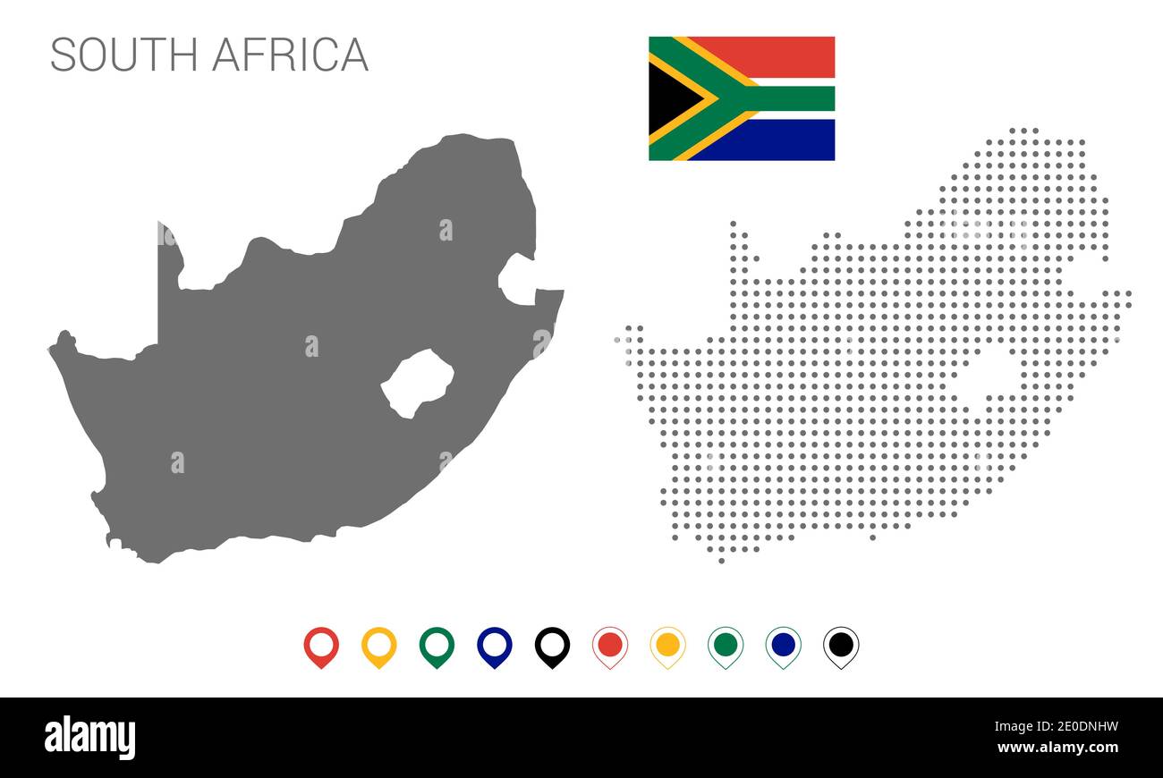 Mappa della silhouette del Sud africa, mappa del Sud africa punteggiata, bandiera del Sud africa, piatta illustrazione vettoriale. Pin colorato. vettoriale modificabile eps 10 Illustrazione Vettoriale