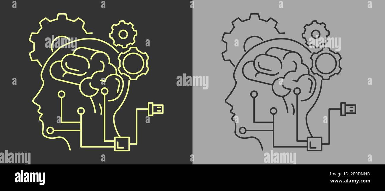Intelligenza artificiale, concetto di intelligenza artificiale per l'apprendimento automatico. Tracciare un'illustrazione piatta con linee sottili. Isolato. Illustrazione Vettoriale
