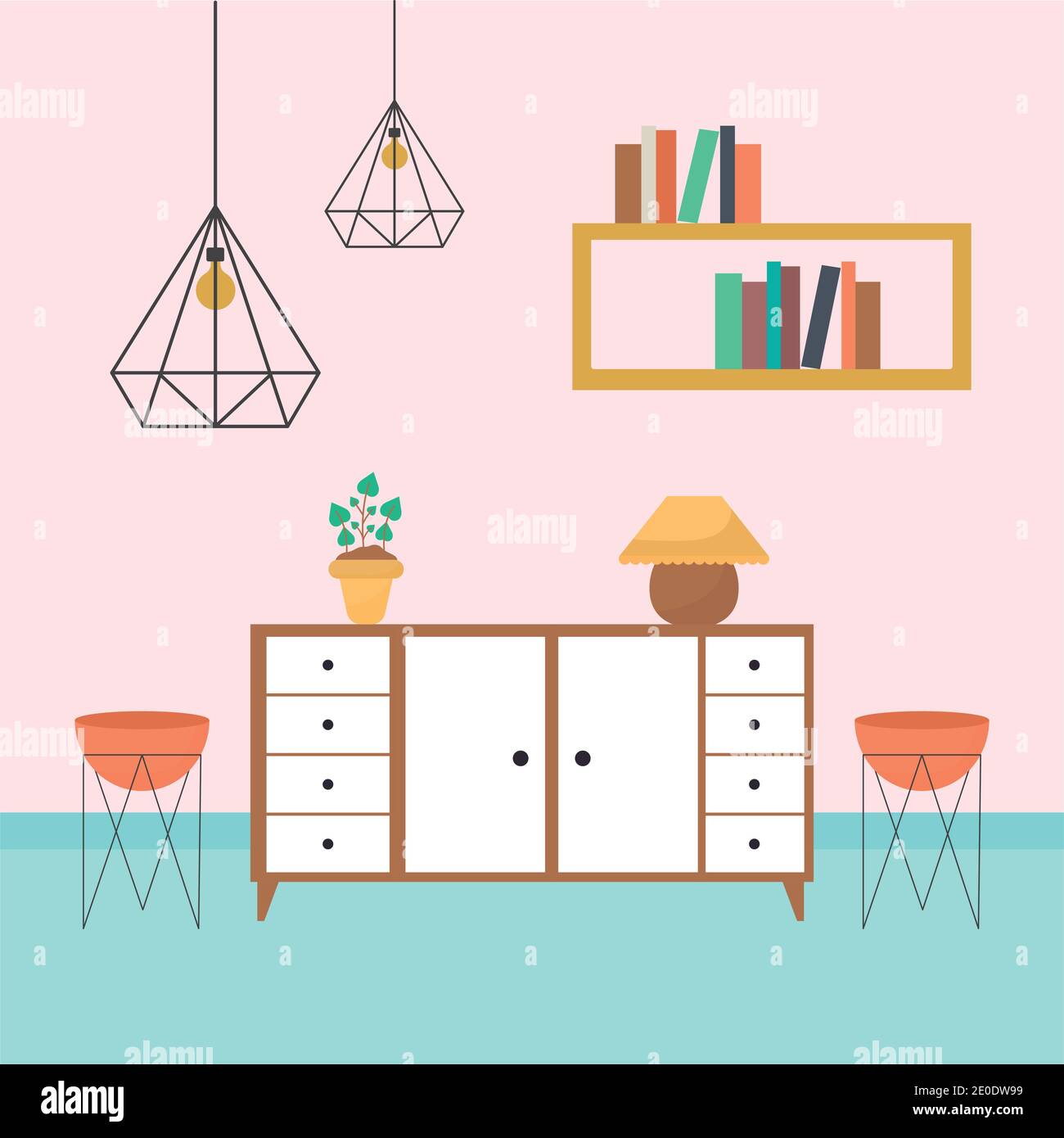 soggiorno con tavoli pieni di libri, una pianta, vasi di fiori e un lampadario Illustrazione Vettoriale