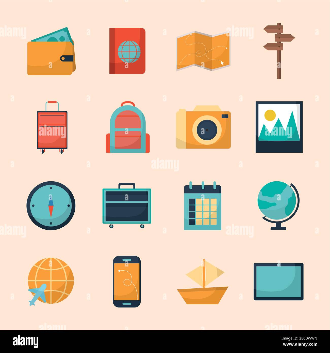 set di icone di viaggio su sfondo rosa Illustrazione Vettoriale