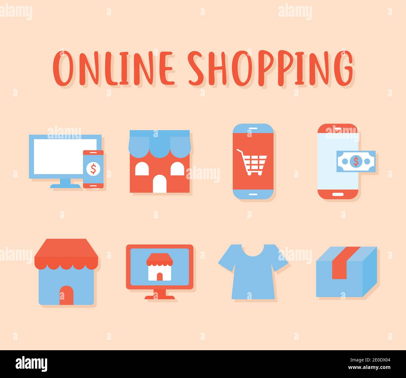 lettere di shopping in linea e insieme delle icone di shopping in linea sopra sfondo color salmone Illustrazione Vettoriale