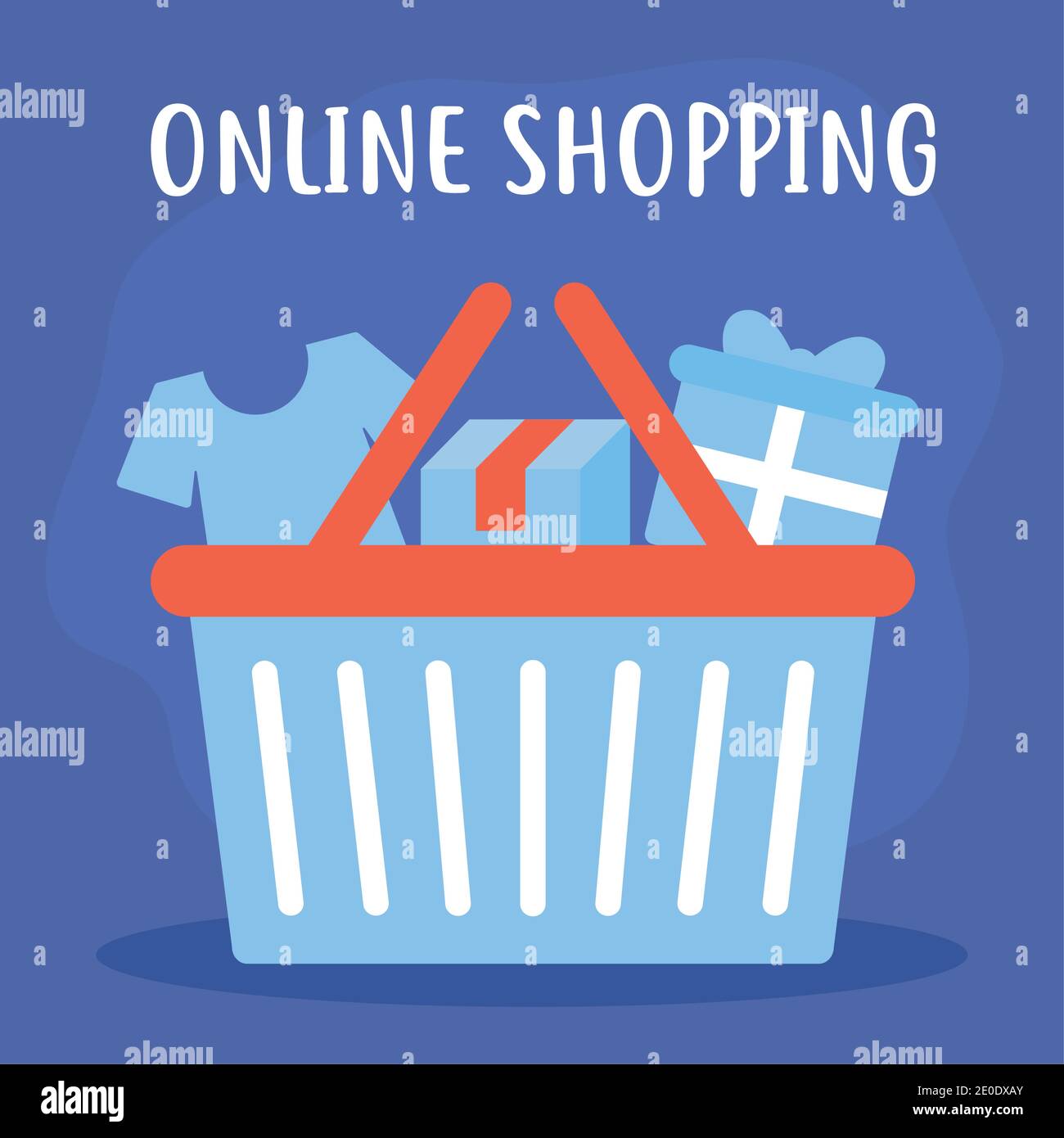 lettere di shopping online con un pacchetto di icone di shopping online su uno sfondo blu Illustrazione Vettoriale
