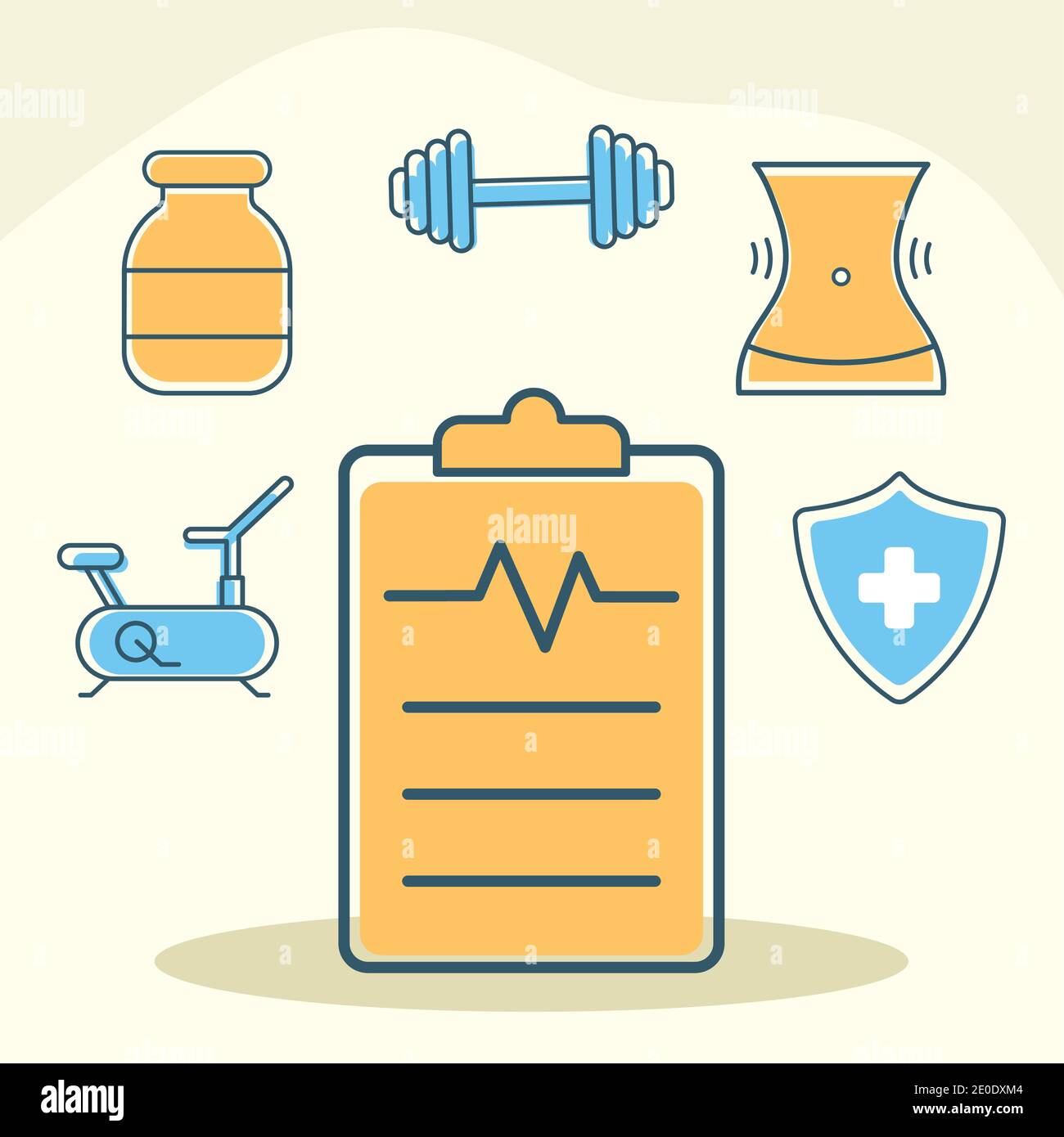 pacchetto di icone fitness e salute su sfondo arancione Illustrazione Vettoriale