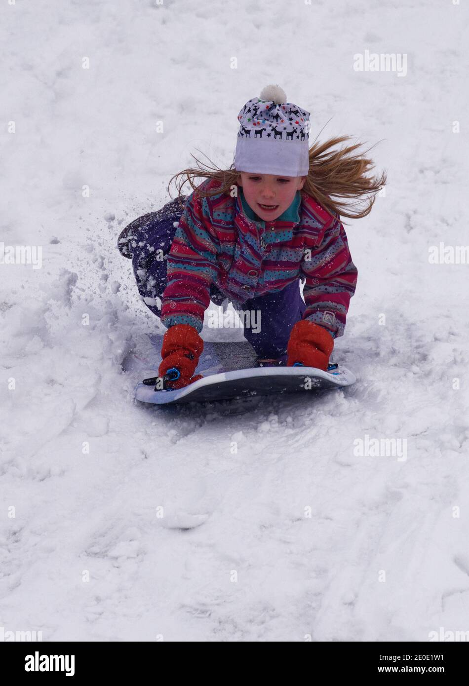 Una bambina (6 anni) Slitta in inverno in Quebec Foto Stock