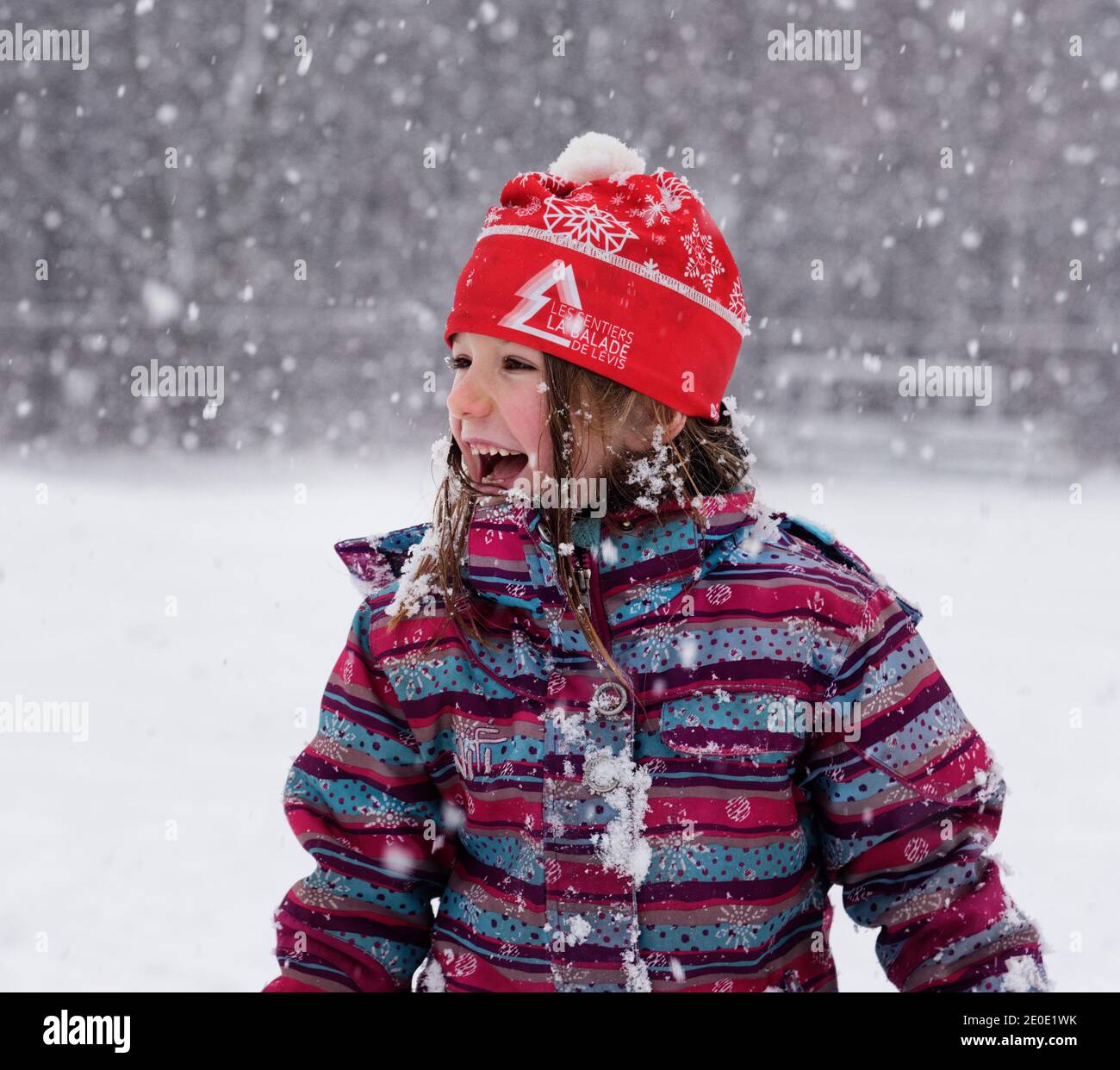 Ritratto di una bambina (6 anni) fuori in caduta di neve in Quebec, Canada Foto Stock