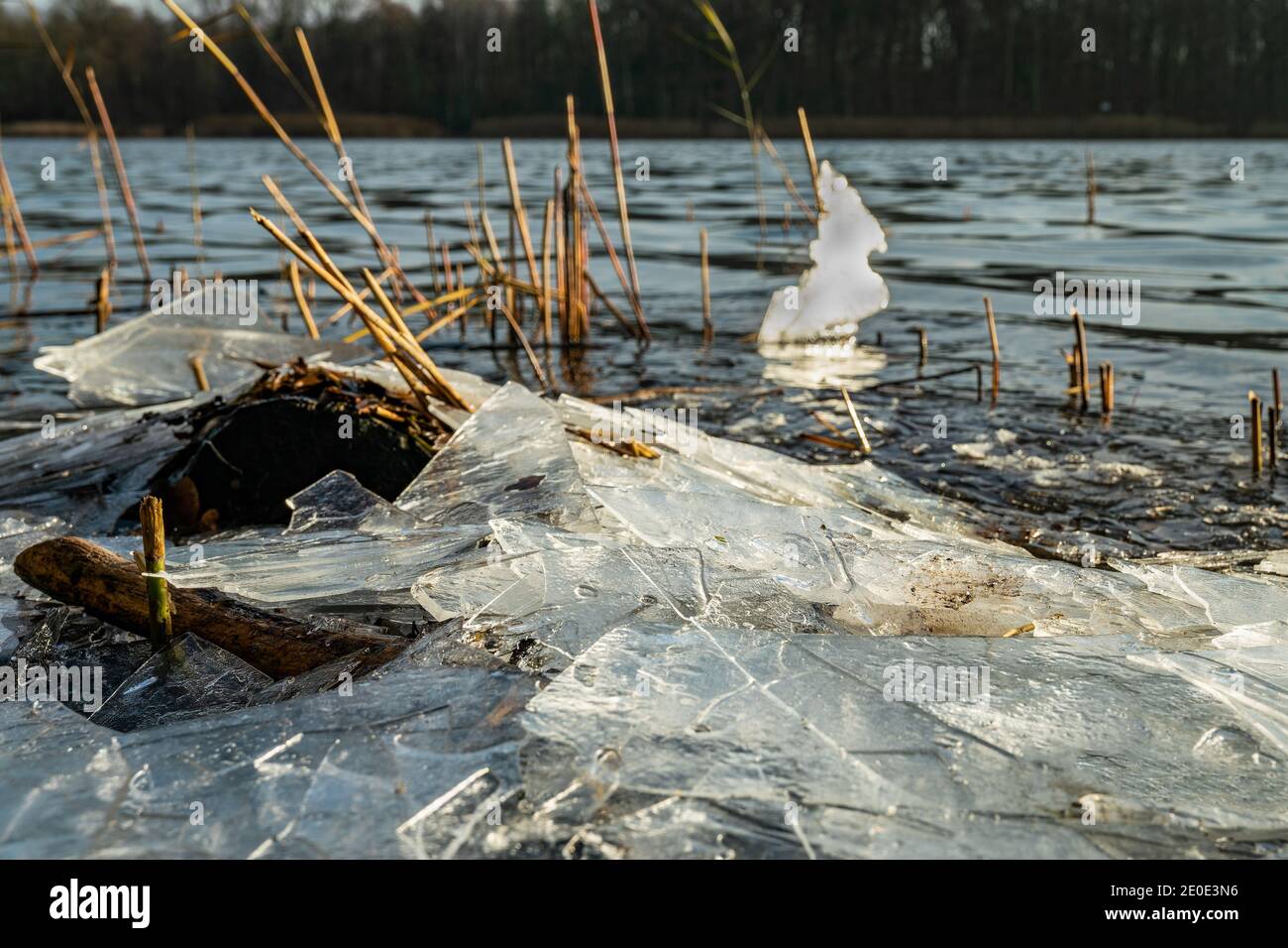 Pezzi sottili di ghiaccio e un lago leggermente congelato su una giornata di sole in inverno Foto Stock
