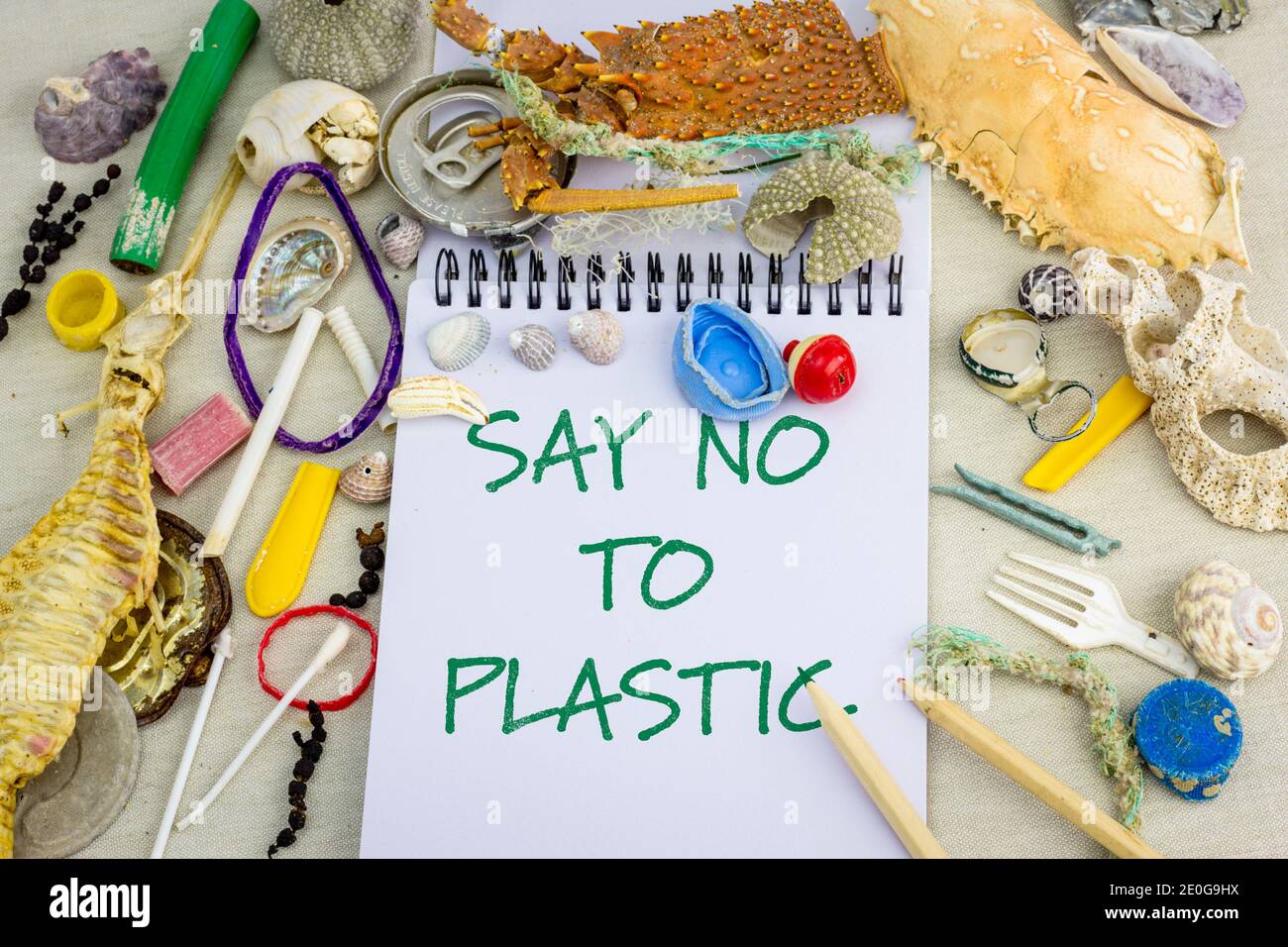 Dire No alla plastica scritta a mano sul notebook circondato da vero inquinamento plastico e naturale conchiglie di mare detriti su un tavolo. Foto Stock