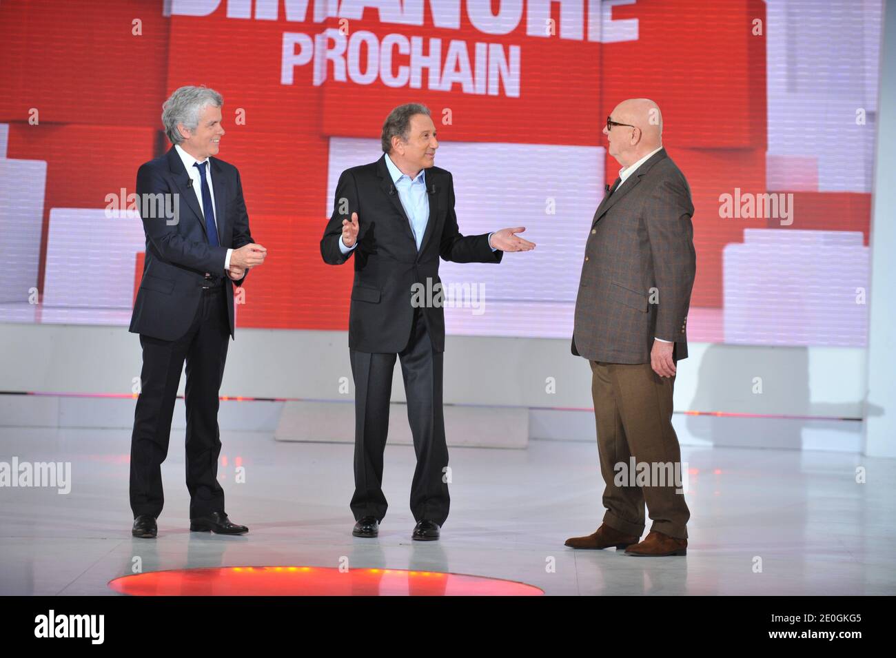 Claude Serillon, Michel Drucker e Jean-Pierre Coffe alla registrazione di Vivement Dimanche il 11 aprile 2012 a Parigi, Francia. Foto di Max Colin/ABACAPRESS.COM Foto Stock