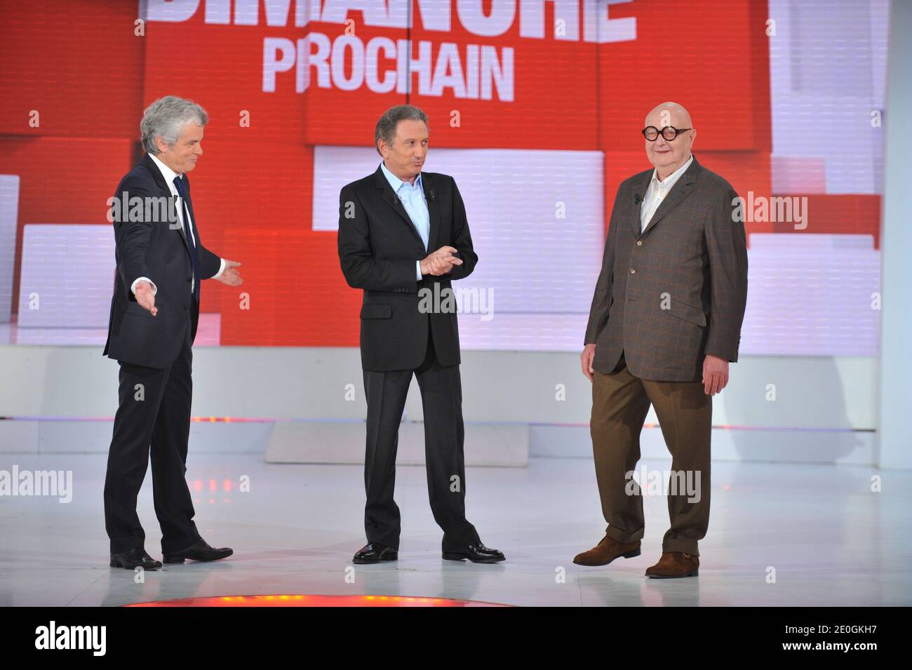 Claude Serillon, Michel Drucker e Jean-Pierre Coffe alla registrazione di Vivement Dimanche il 11 aprile 2012 a Parigi, Francia. Foto di Max Colin/ABACAPRESS.COM Foto Stock