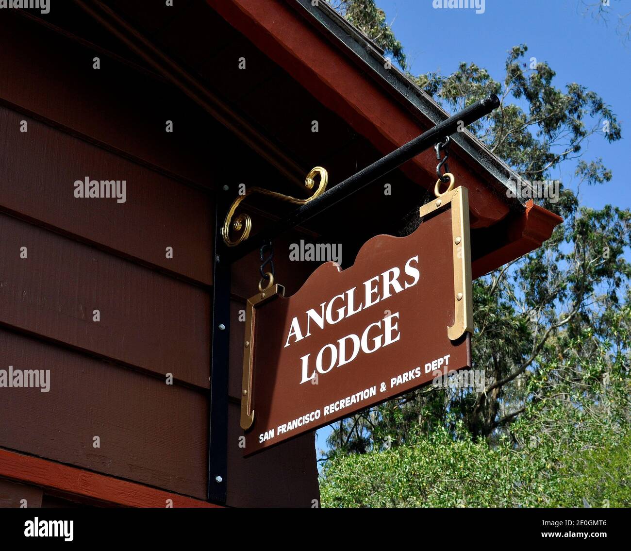 L'insegna del Lodge dell'Angler in Golden Gate Park, San Francisco, California Foto Stock