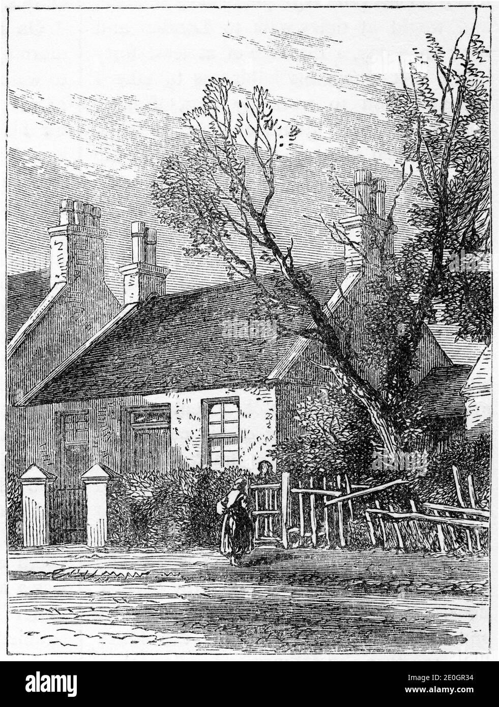 Incisione della casa in cui il missionario scozzese David Livingstone è cresciuto da ragazzo. Foto Stock
