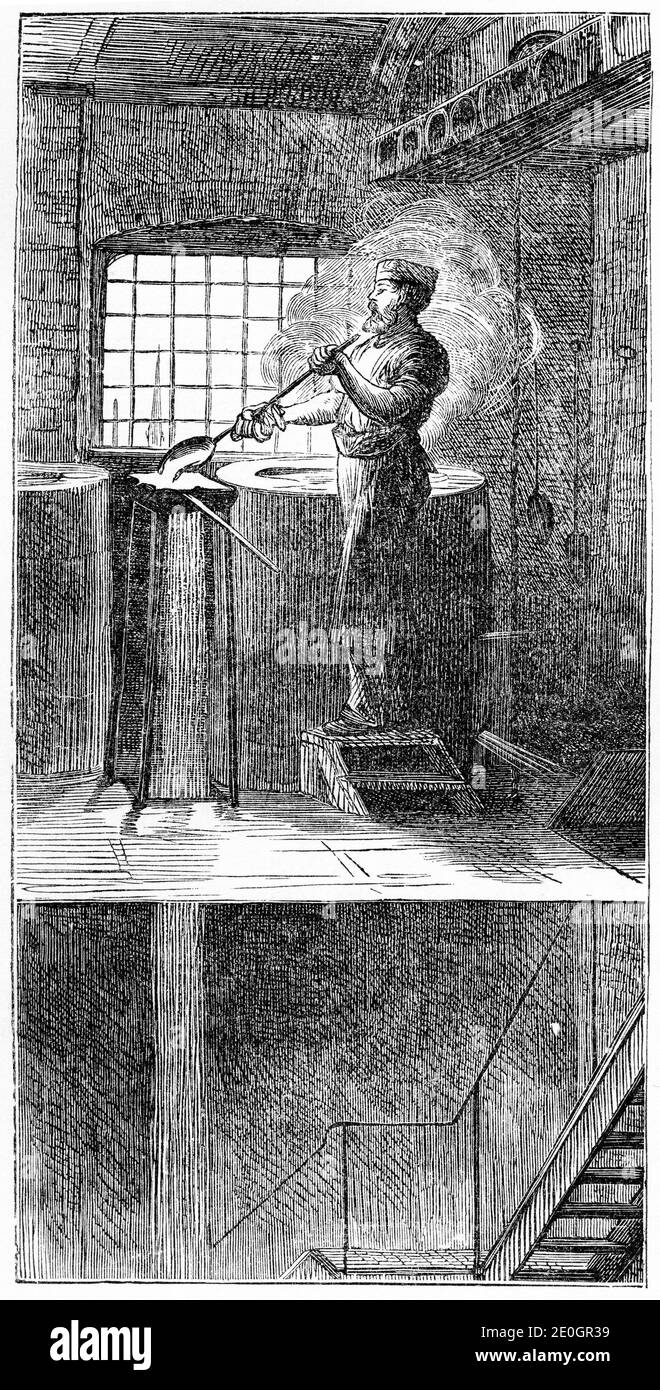 Incisione di un uomo che lavora in cima alla Torre della Tiro presso le Lead Works di Lambeth, dove un paio di uomini hanno fatto sparare il piombo per le cartucce di fucili facendo cadere il piombo fuso dalla cima della torre in un secchio di acqua fredda sul fondo. La torre sorgeva sulla riva sud del Tamigi a Londra, Inghilterra, tra il ponte di Waterloo e il ponte di Hungerford, sul sito di quella che ora è la Queen Elizabeth Hall. (Vedere altre immagini di lavoro all'interno). Foto Stock