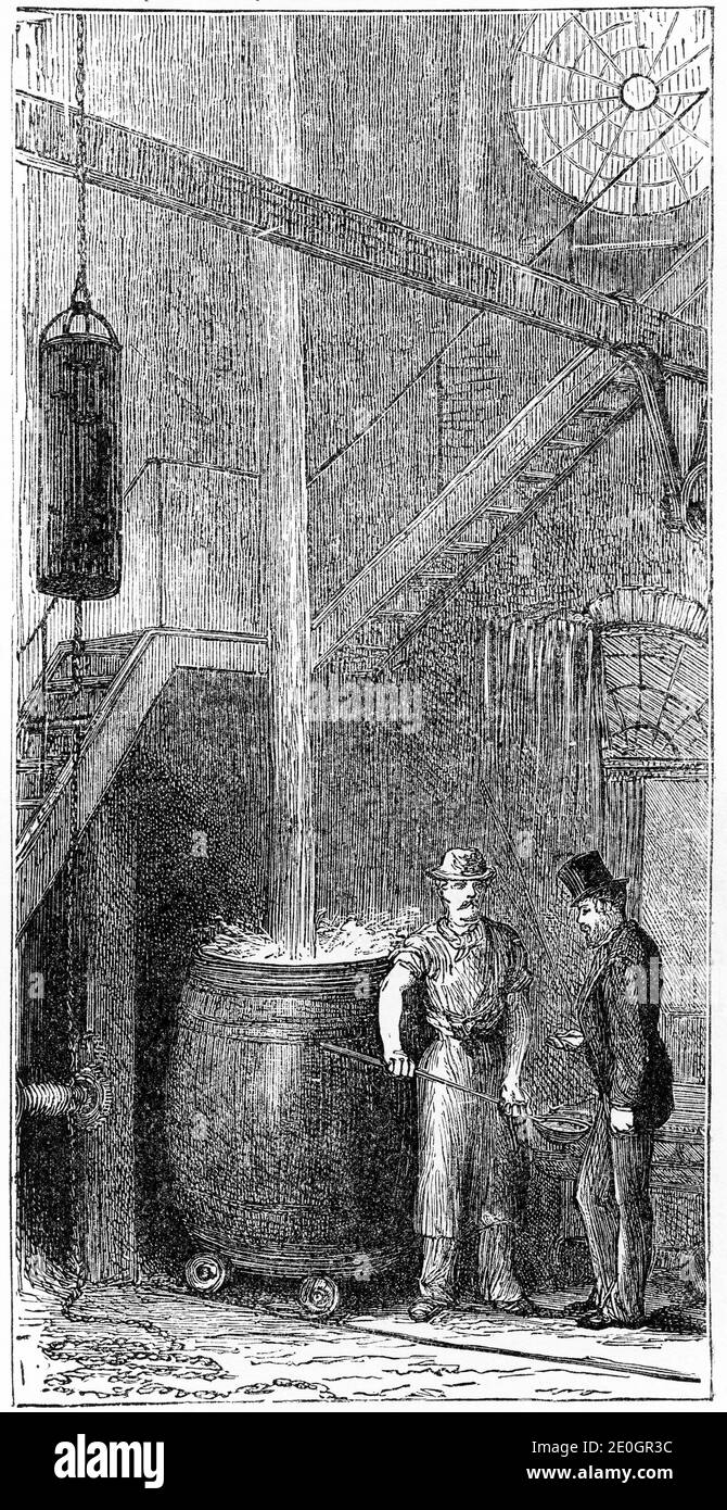 Incisione di un uomo che lavora in fondo alla Torre del Tiro presso le Lead Works di Lambeth, dove un paio di uomini hanno fatto colpo di piombo per cartucce di fucili facendo cadere il piombo fuso dalla cima della torre in un barile di acqua fredda in fondo. La torre sorgeva sulla riva sud del Tamigi a Londra, Inghilterra, tra il ponte di Waterloo e il ponte di Hungerford, sul sito di quella che ora è la Queen Elizabeth Hall. (Vedere altre immagini di lavoro all'interno). Foto Stock