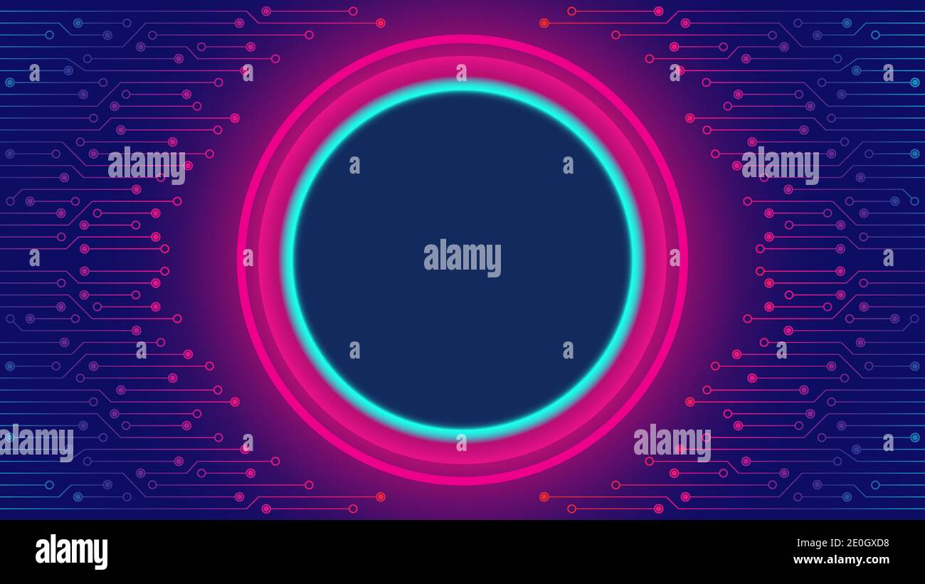 Modello di progettazione di background della scheda a circuito stampato cyberpunk. Illustrazione vettoriale della tecnologia astratta con Neon Ring al centro. Dati traccia PCB sci-Fi Illustrazione Vettoriale