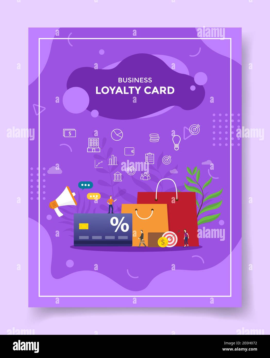 concetto di carta fedeltà persone intorno a carta sconto membro borsa shopping speaker pubblicità per modello di banner, volantino, libri copertina, riviste con Foto Stock