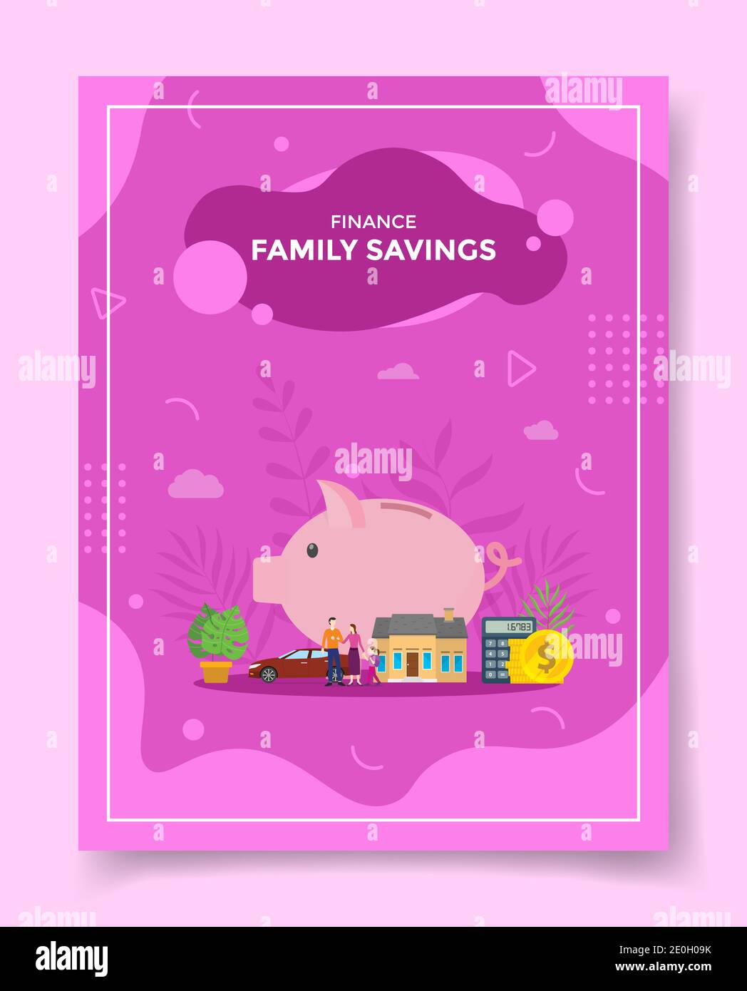famiglia che salva la gente intorno a porcellino banca casa calcolatrice moneta per modello di striscioni, volantino, libri copertina, riviste con forma liquida vettore stile Foto Stock