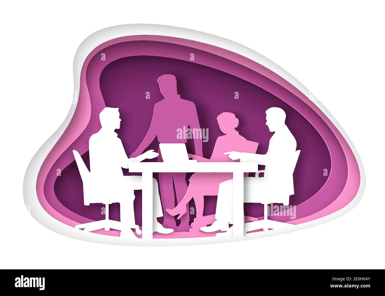 Scena di vita dell'ufficio, illustrazione vettoriale in stile arte della carta. Le silhouette delle persone di affari che hanno riunione, discussione. Illustrazione Vettoriale