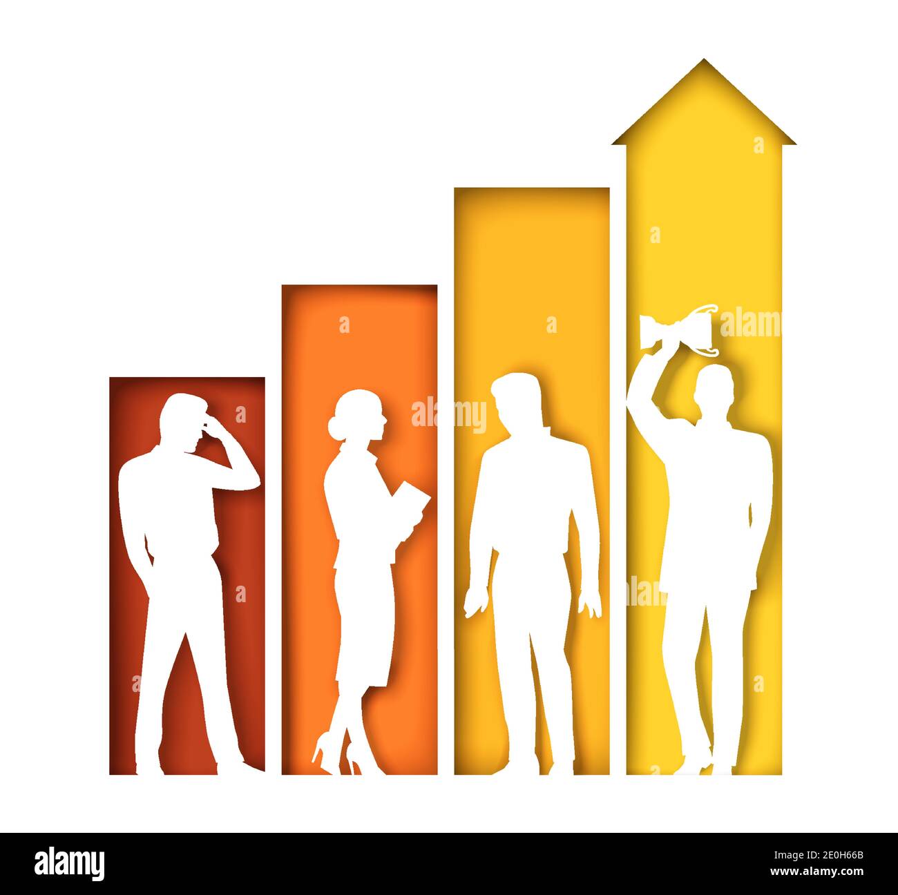Aumento del grafico a barre con le silhouette degli uomini d'affari, illustrazione vettoriale in stile arte della carta. Illustrazione Vettoriale