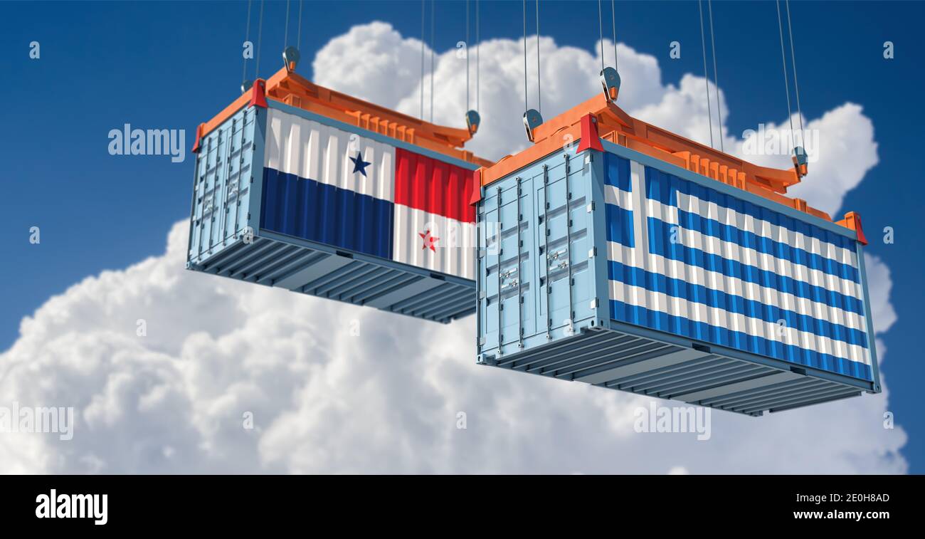 Contenitori merci con bandiere nazionali di Grecia e Panama. Rendering 3D Foto Stock