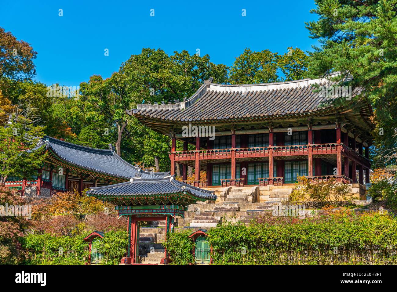 Edificio tradizionale presso lo Stagno di Buyongji all'interno del giardino segreto del palazzo Changdeokgung a Seoul, Repubblica di Corea Foto Stock