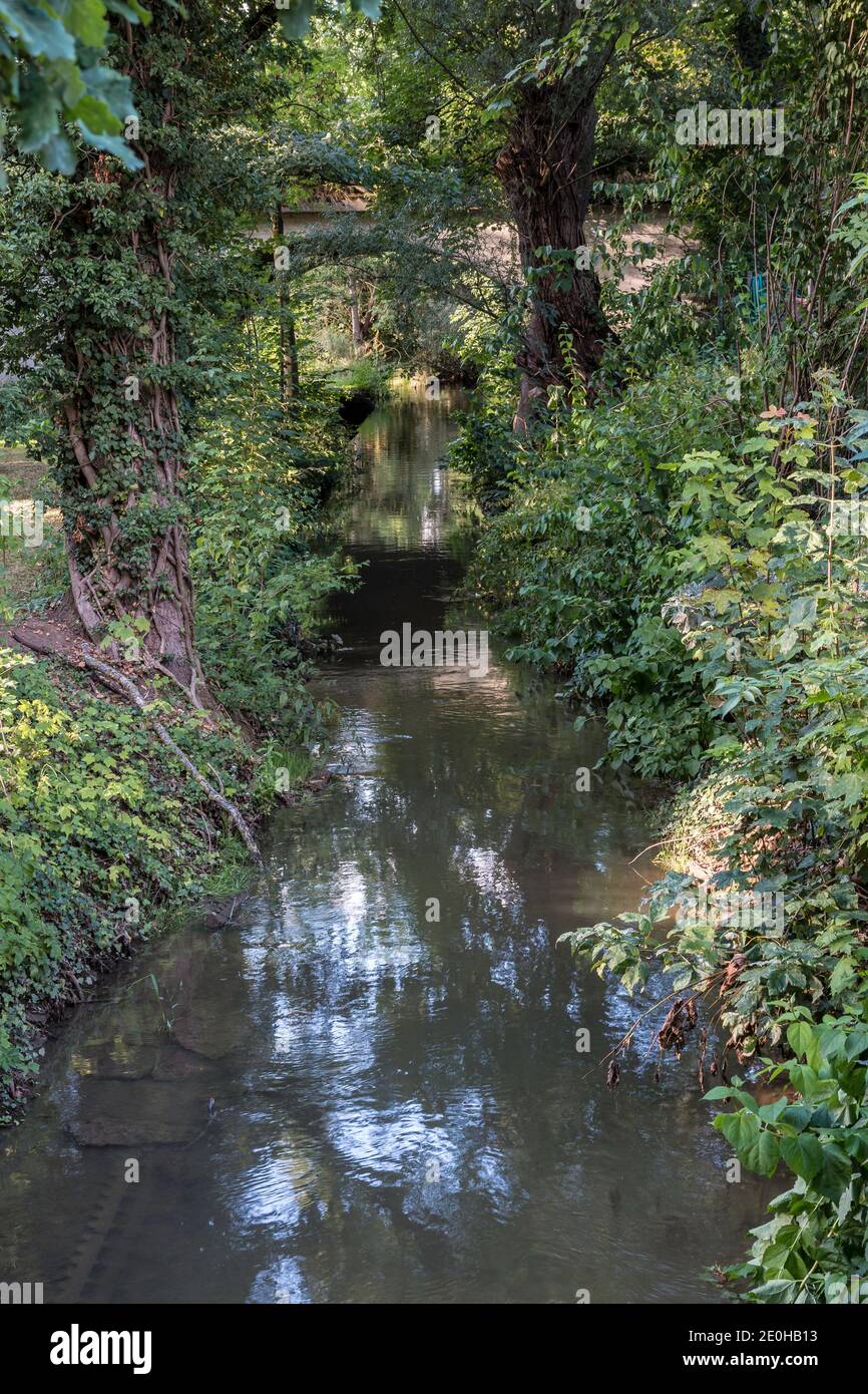 Piccolo ponte attraverso il piccolo torrente nella verde campagna Foto Stock