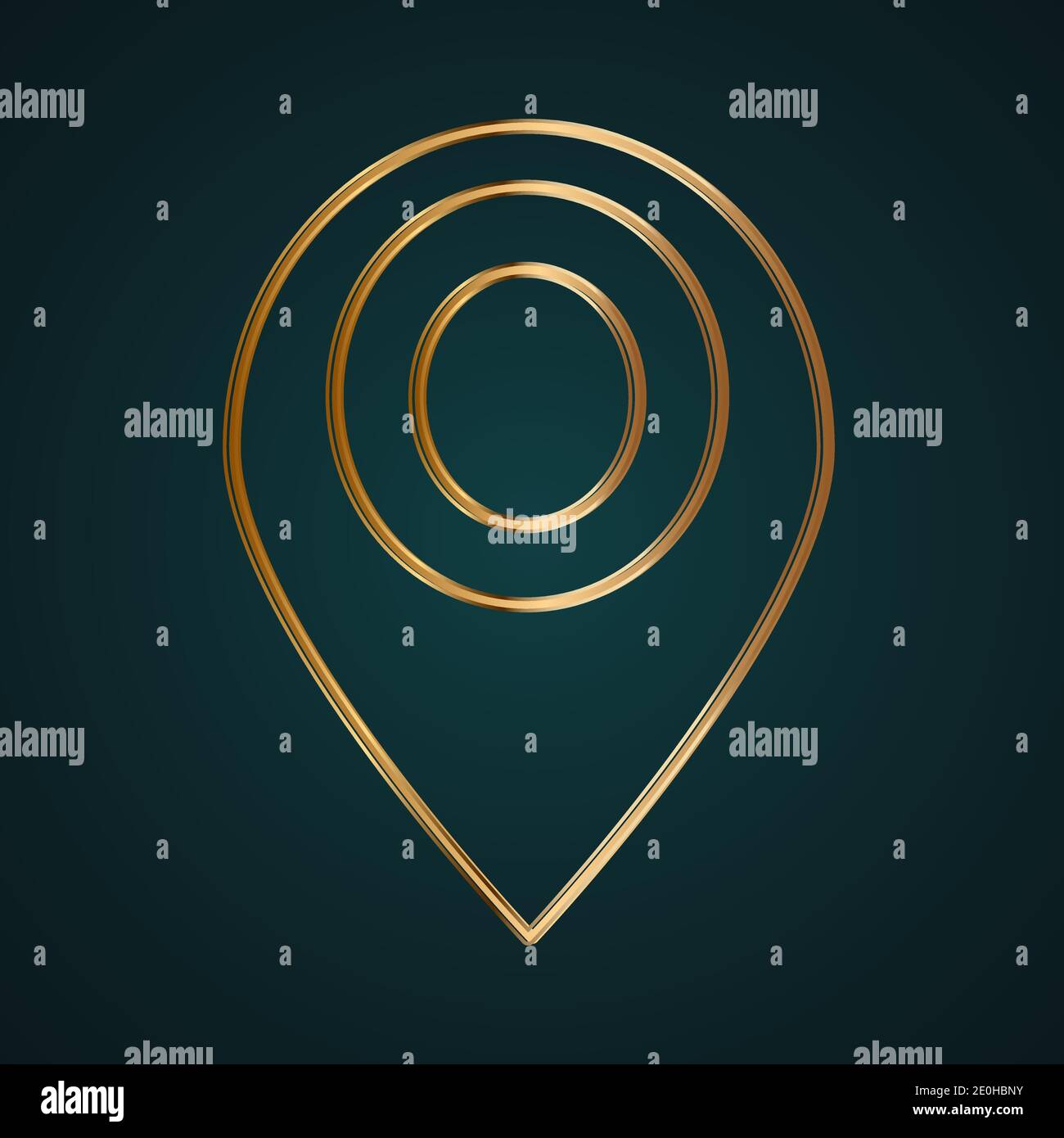 Logo vettoriale dell'icona del puntatore a puntina per la posizione lineare. Metallo dorato con sfondo scuro Illustrazione Vettoriale