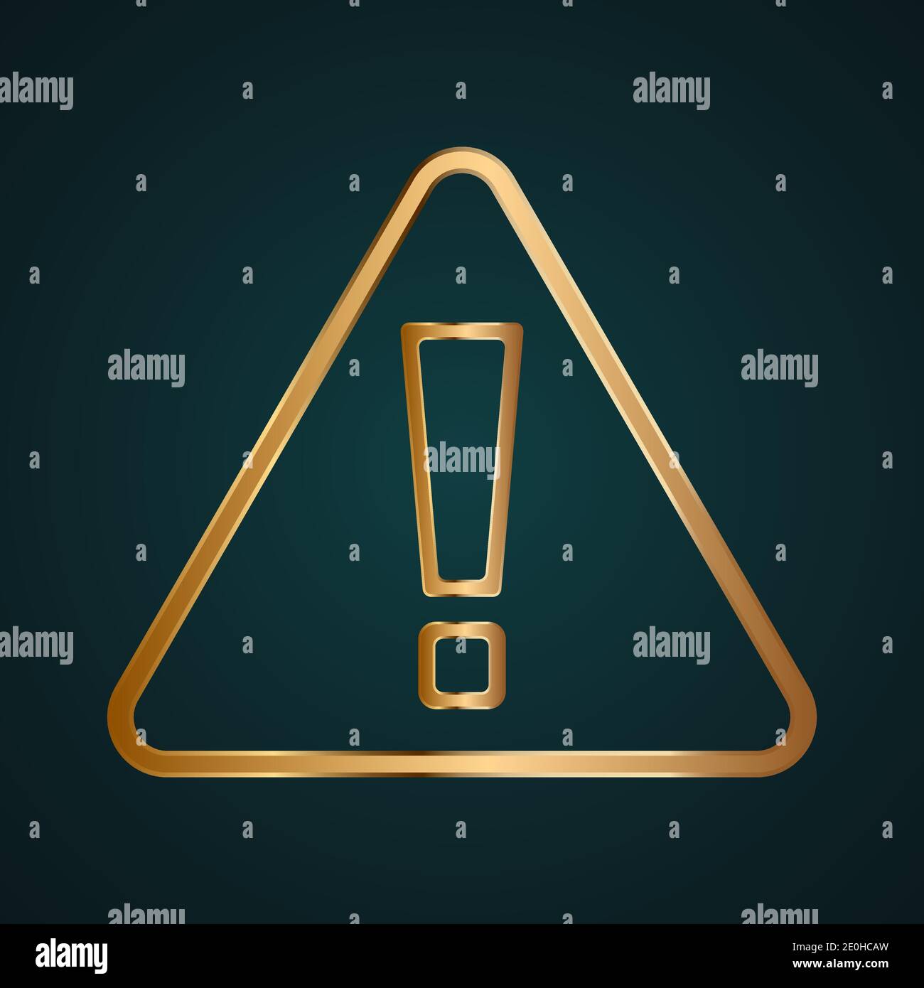 Icona del vettore del segno esclamativo di avvertenza. Sfumatura oro metallo con sfondo scuro Illustrazione Vettoriale