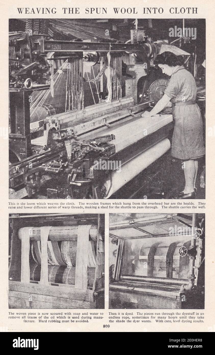 Foto d'epoca della produzione della lana del 1900 - tessitura della lana filata in tessuto. Foto Stock