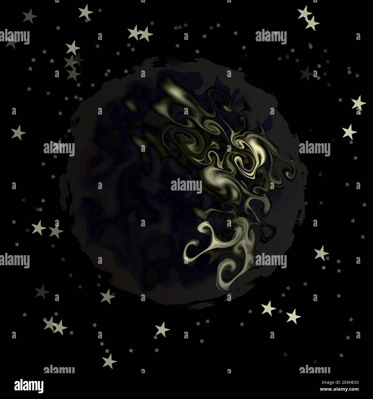 Pianeta alieno scuro tra stelle, eps10 stilizzato immagine vettoriale stratificata isolato su sfondo nero. Illustrazione Vettoriale
