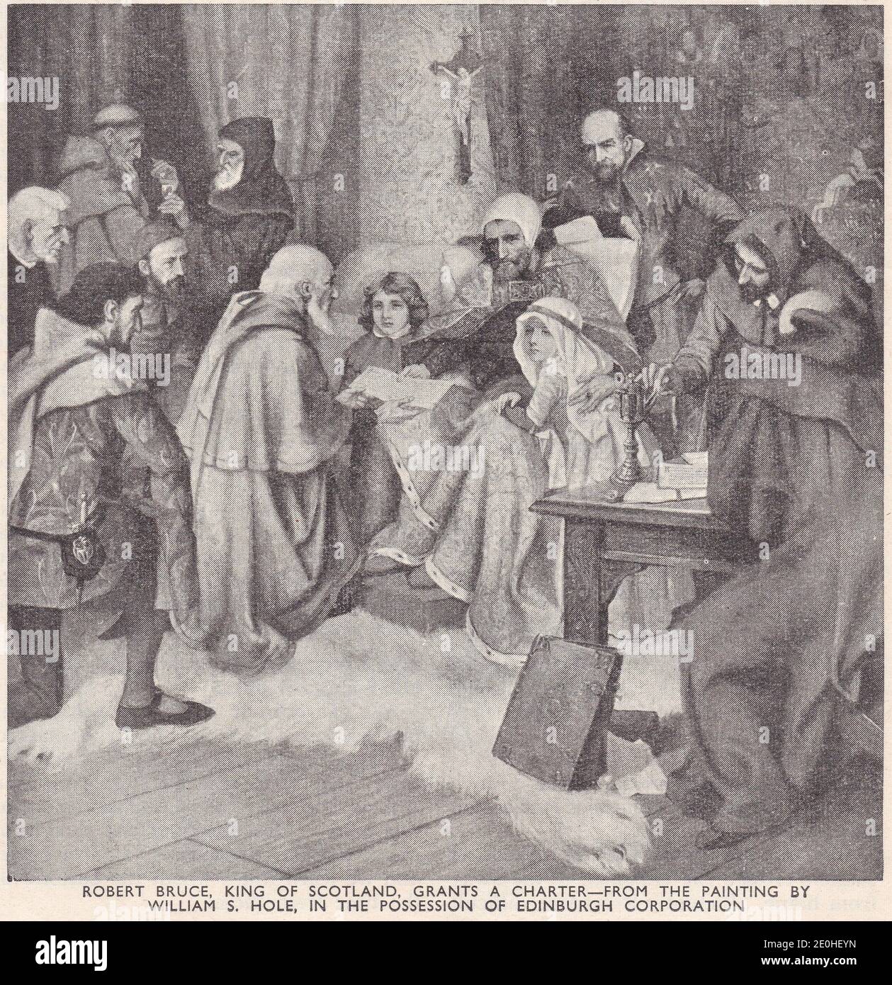 Robert Bruce, re di Scozia, concede una carta - dal dipinto di William S. Hole. Foto Stock