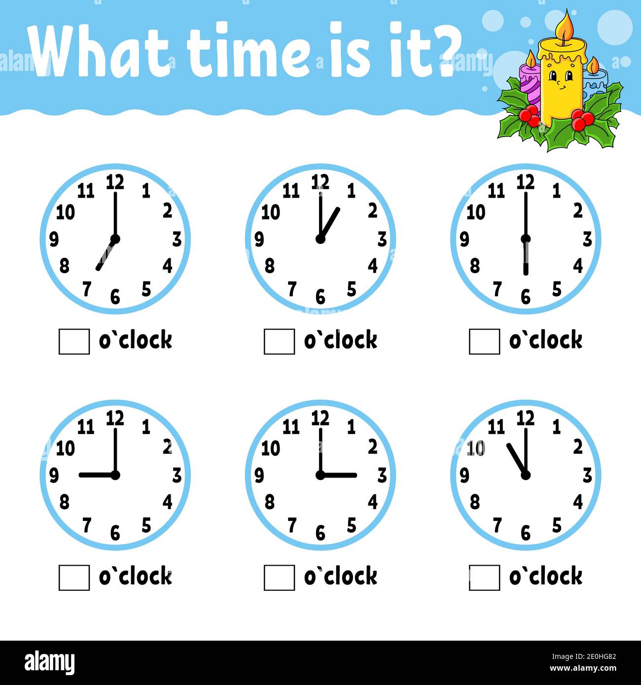 Tempo di apprendimento sull'orologio. Tema invernale. Foglio di lavoro per attività didattiche per bambini e bambini. Gioco per bambini. Semplice vettore di colore isolato piano i Illustrazione Vettoriale