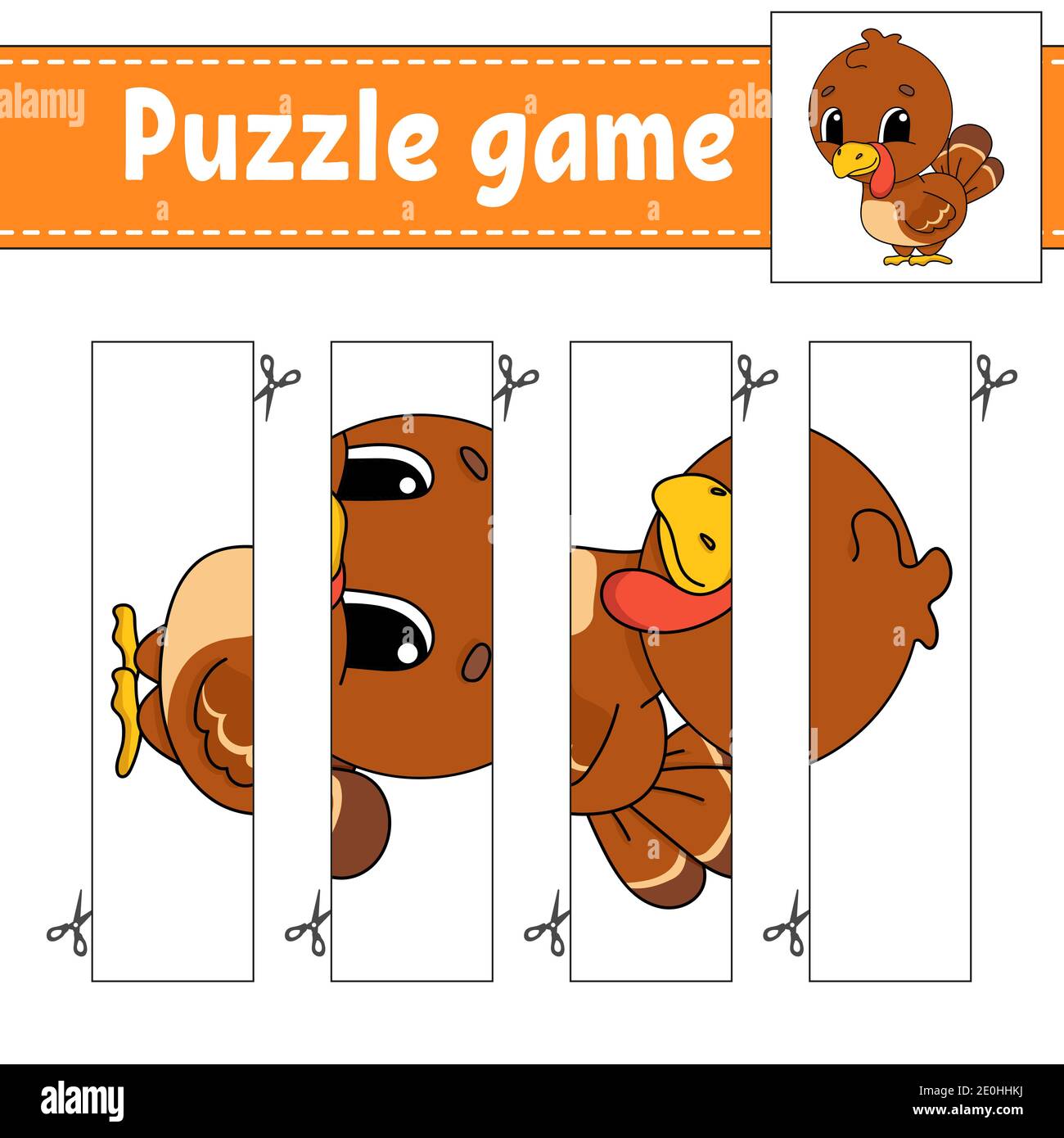 Gioco di puzzle per bambini. Pratica di taglio. Foglio di lavoro per lo sviluppo dell'istruzione. Pagina attività. Personaggio cartoon. Illustrazione Vettoriale