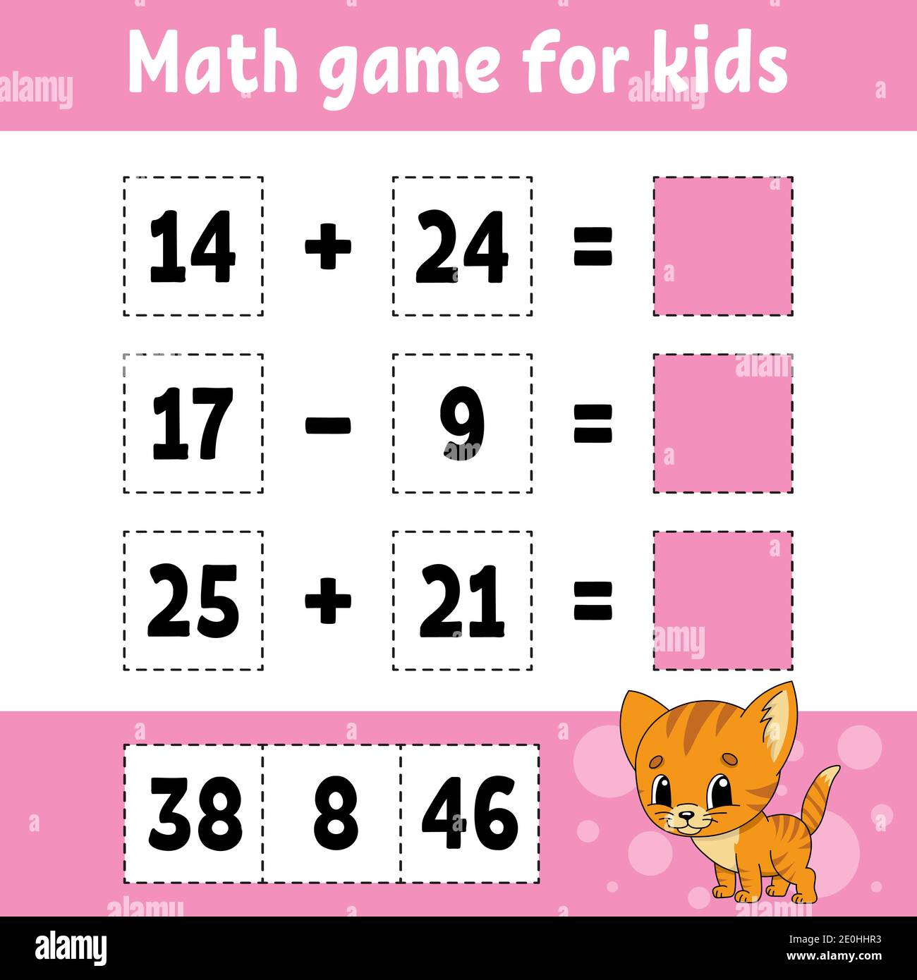 Gioco di matematica per bambini. Foglio di lavoro sviluppo formazione. Pagina di attività con immagini. Gioco per bambini. Illustrazione vettoriale isolata in colore. Carattere divertente Illustrazione Vettoriale