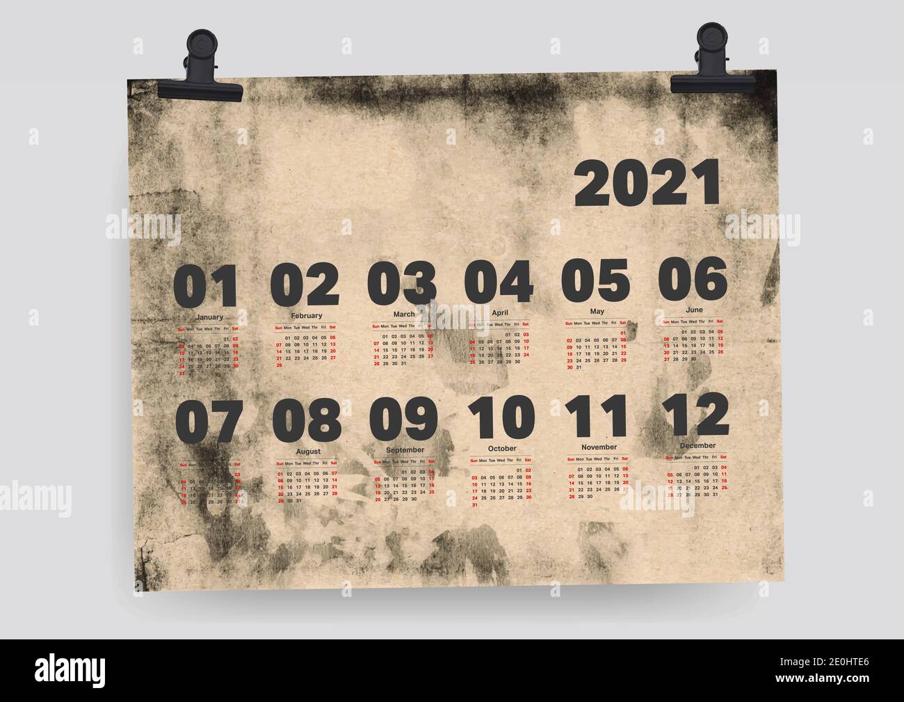 Calendario 2021 Weekend Planner modello Domenica a Sabato Old Paper sfondo. Illustrazione Vettoriale
