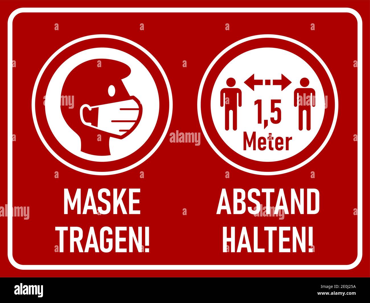 Maske tragen (indossa una maschera) e Abstand Halten (mantieni la distanza) 1.5 m orizzontale segnale in tedesco. Immagine vettoriale. Illustrazione Vettoriale